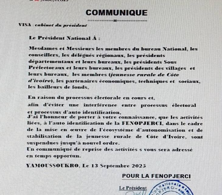 Elections présidentielles d’octobre 2025: La FENOPJERCI suspend ses activités sur le territoire national